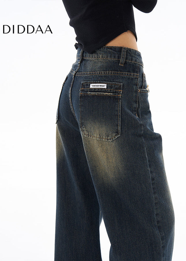 Light Blue Retro Distressed Wide-Leg Straight Jeans - Women’s Jeans