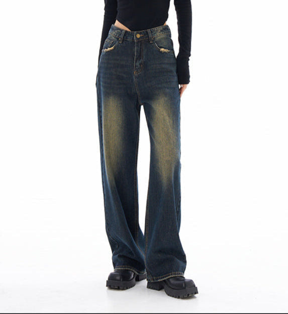 Light Blue Retro Distressed Wide-Leg Straight Jeans - Women’s Jeans