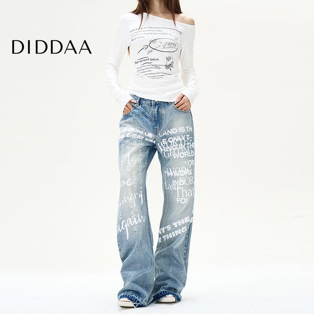 Light Blue Retro Letter Print Loose Straight Jeans - S / Mid Blue - Women’s Jeans