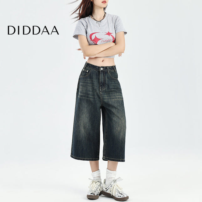 Light Blue Retro Loose Cropped Wide-Leg Jeans Women’s - XS / Dark Blue - Women’s Jeans