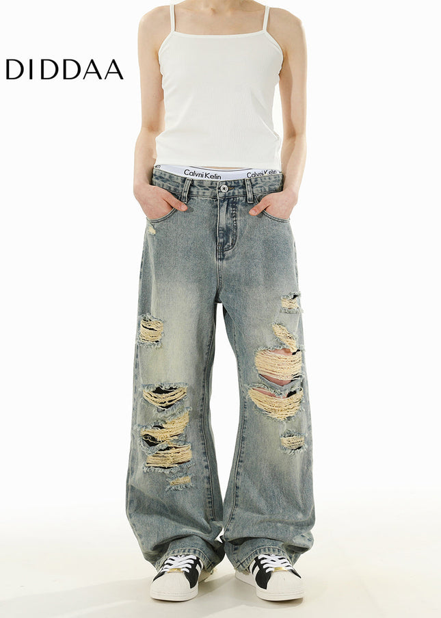 Light Blue Retro Ripped Bootcut Jeans for Men and Women - Men’s Jeans