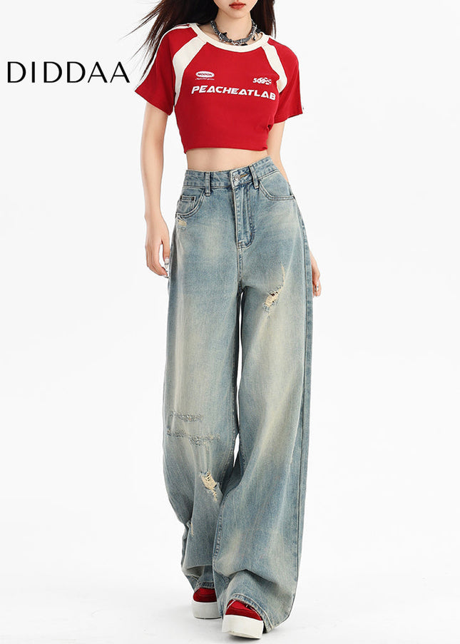 Light Blue Retro Ripped High-Waisted Wide-Leg Jeans - Women’s Jeans