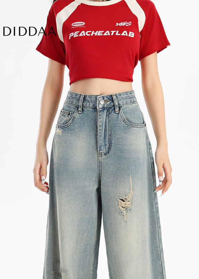 Light Blue Retro Ripped High-Waisted Wide-Leg Jeans - Women’s Jeans