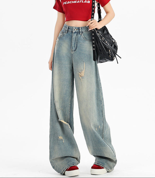 Light Blue Retro Ripped High-Waisted Wide-Leg Jeans - Women’s Jeans