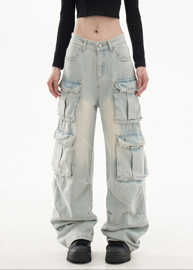 Light Blue Retro Washed Multi-Pocket Cargo Pants - Women’s Jeans