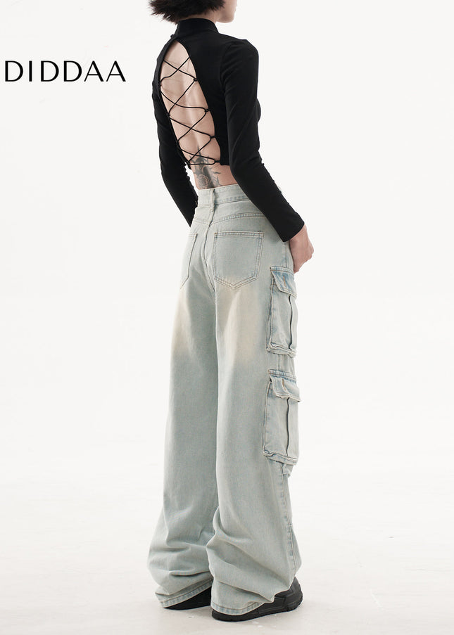 Light Blue Retro Washed Multi-Pocket Cargo Pants - Women’s Jeans