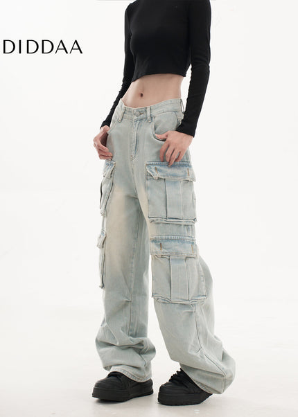 Light Blue Retro Washed Multi-Pocket Cargo Pants - Women’s Jeans