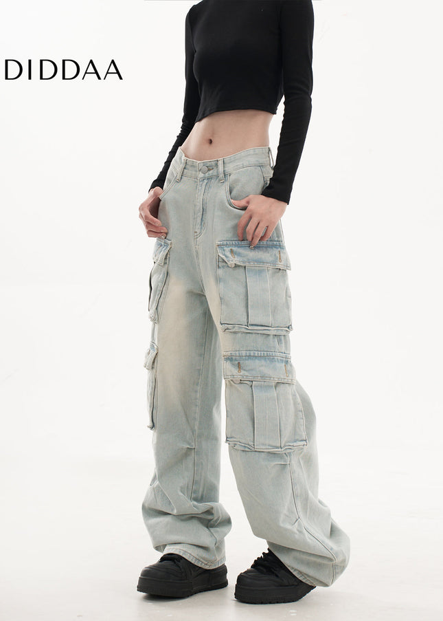 Light Blue Retro Washed Multi-Pocket Cargo Pants - Women’s Jeans