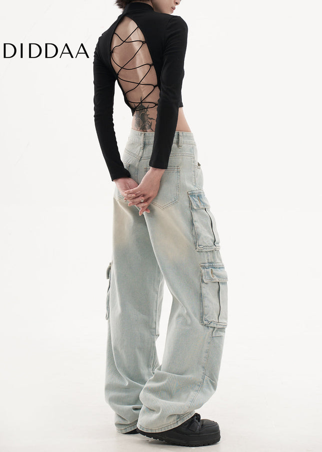 Light Blue Retro Washed Multi-Pocket Cargo Pants - Women’s Jeans