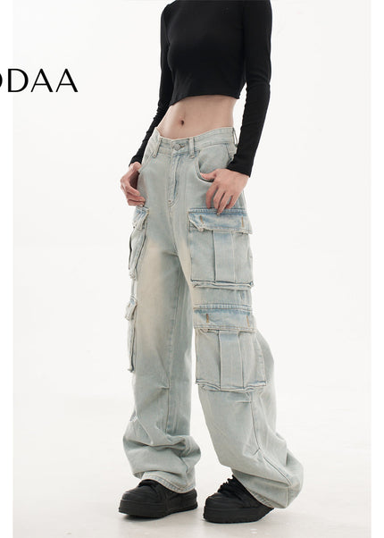 Light Blue Retro Washed Multi-Pocket Cargo Pants - Women’s Jeans