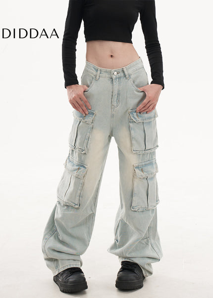 Light Blue Retro Washed Multi-Pocket Cargo Pants - Women’s Jeans