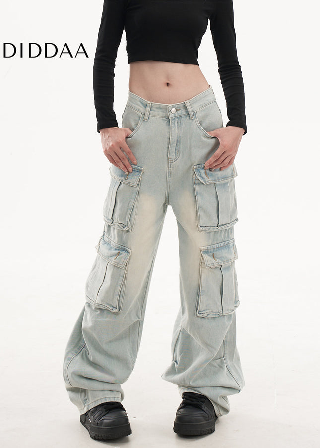Light Blue Retro Washed Multi-Pocket Cargo Pants - Women’s Jeans