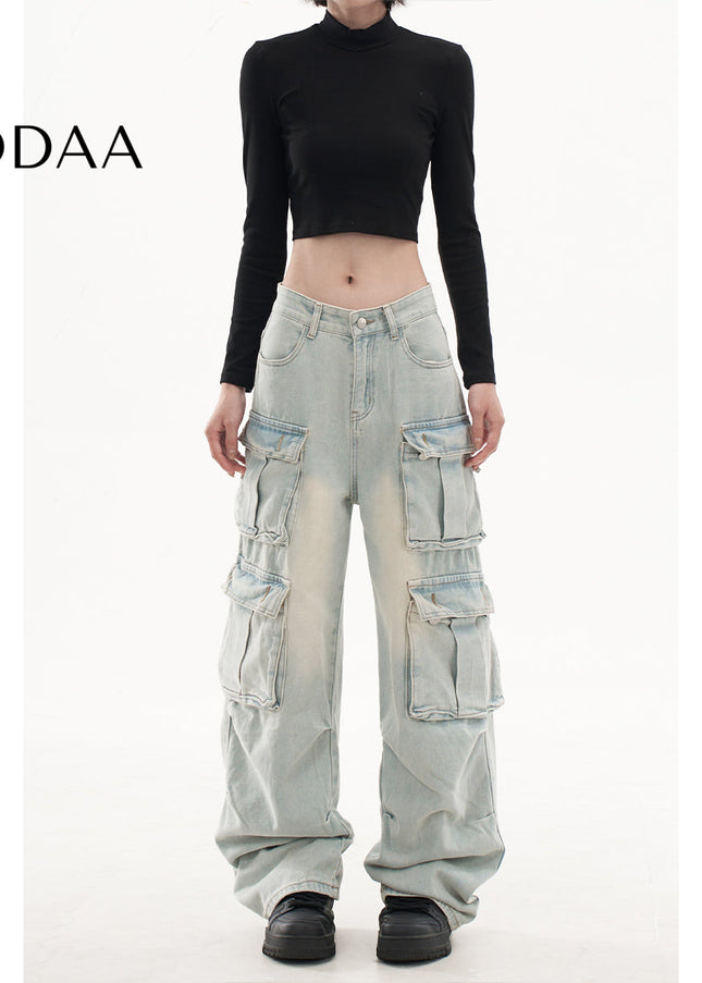 Light Blue Retro Washed Multi-Pocket Cargo Pants - XS / Light Blue - Women’s Jeans