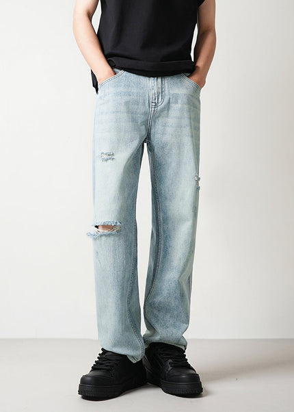 Light Blue Ripped Distressed Loose Straight Jeans - 28 / Light Blue - Men’s Jeans