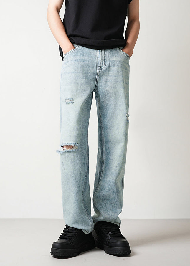 Light Blue Ripped Distressed Loose Straight Jeans - 28 / Light Blue - Men’s Jeans