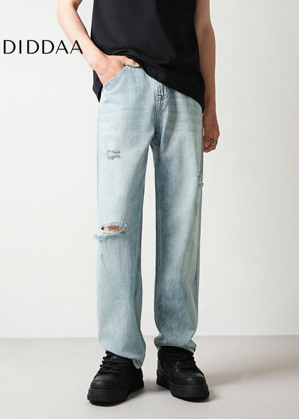 Light Blue Ripped Distressed Loose Straight Jeans - Men’s Jeans