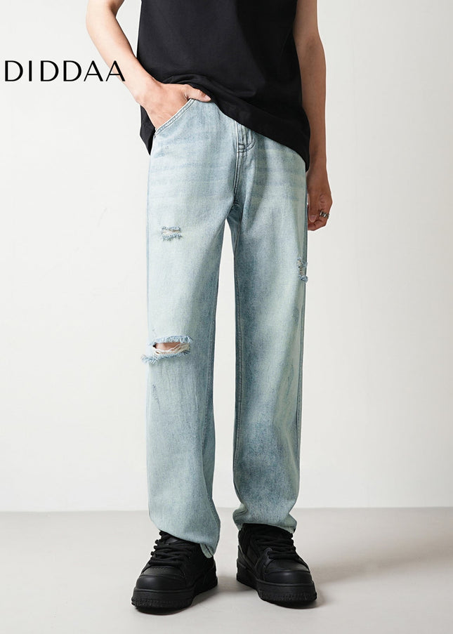Light Blue Ripped Distressed Loose Straight Jeans - Men’s Jeans