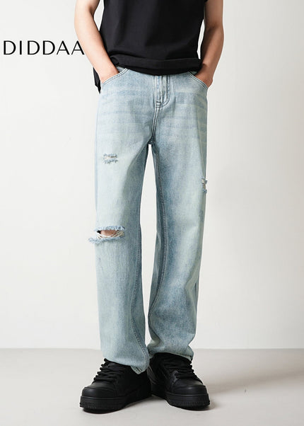 Light Blue Ripped Distressed Loose Straight Jeans - Men’s Jeans