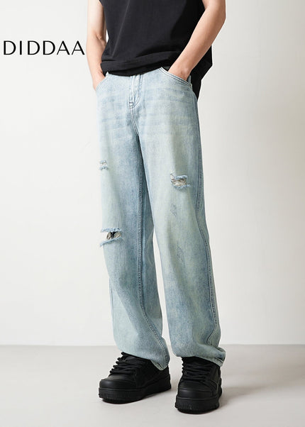 Light Blue Ripped Distressed Loose Straight Jeans - Men’s Jeans