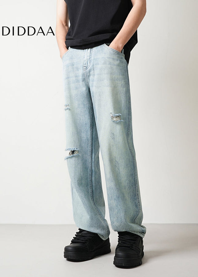 Light Blue Ripped Distressed Loose Straight Jeans - Men’s Jeans