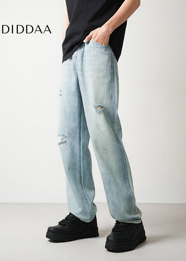 Light Blue Ripped Distressed Loose Straight Jeans - Men’s Jeans