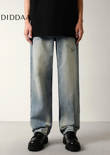Light Blue Ripped Loose Straight Leg Jeans - Men’s Jeans