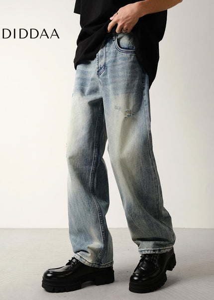 Light Blue Ripped Loose Straight Leg Jeans - Men’s Jeans