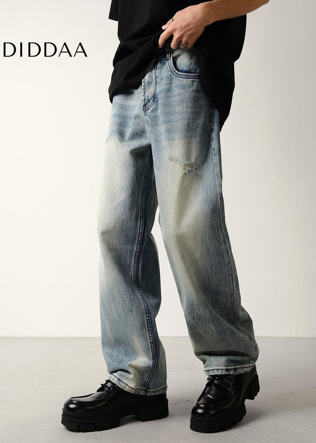 Light Blue Ripped Loose Straight Leg Jeans - Men’s Jeans