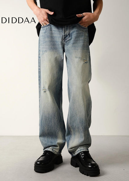 Light Blue Ripped Loose Straight Leg Jeans - Men’s Jeans