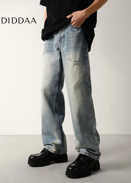 Light Blue Ripped Loose Straight Leg Jeans - Men’s Jeans
