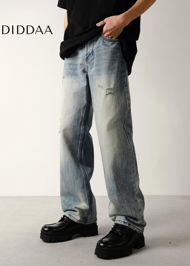 Light Blue Ripped Loose Straight Leg Jeans - Men’s Jeans