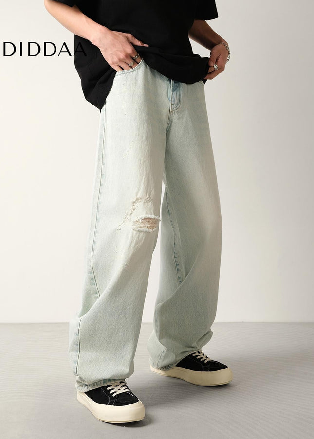 Light Blue Ripped Scimitar Jeans Men’s Loose Wide-Leg Trousers - Men’s Jeans