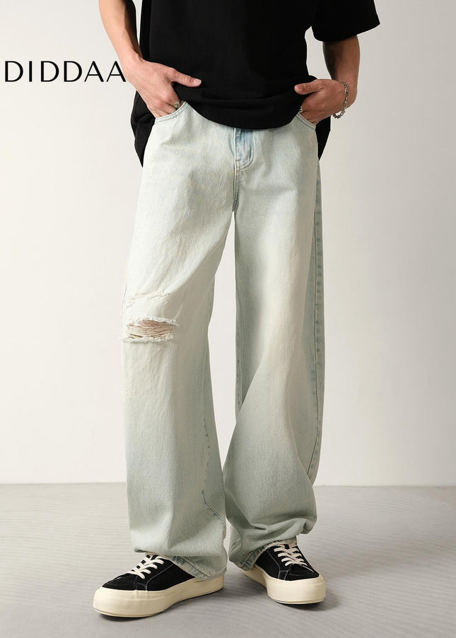 Light Blue Ripped Scimitar Jeans Men’s Loose Wide-Leg Trousers - Men’s Jeans