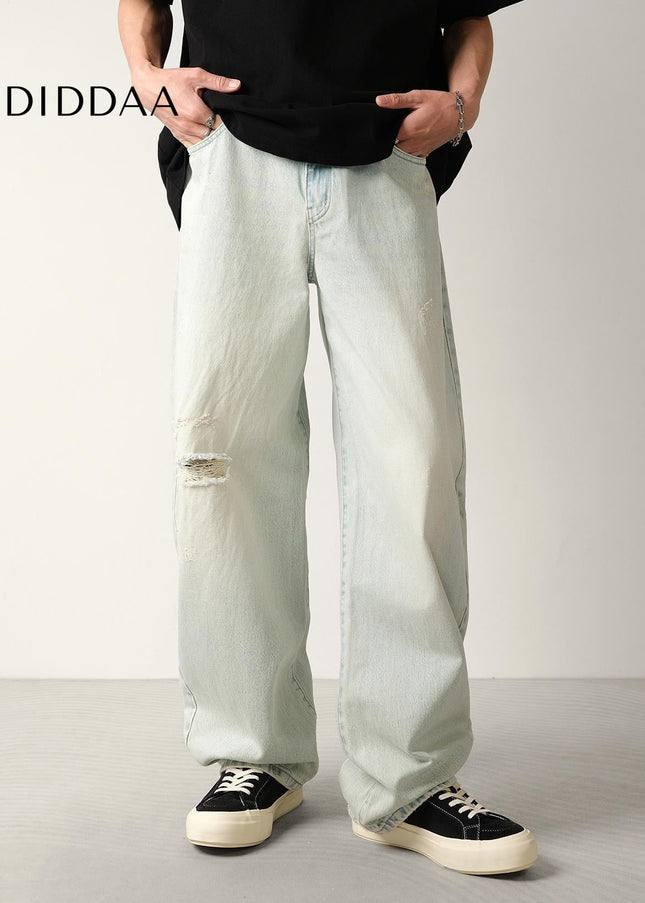 Light Blue Ripped Scimitar Jeans Men’s Loose Wide-Leg Trousers - Men’s Jeans