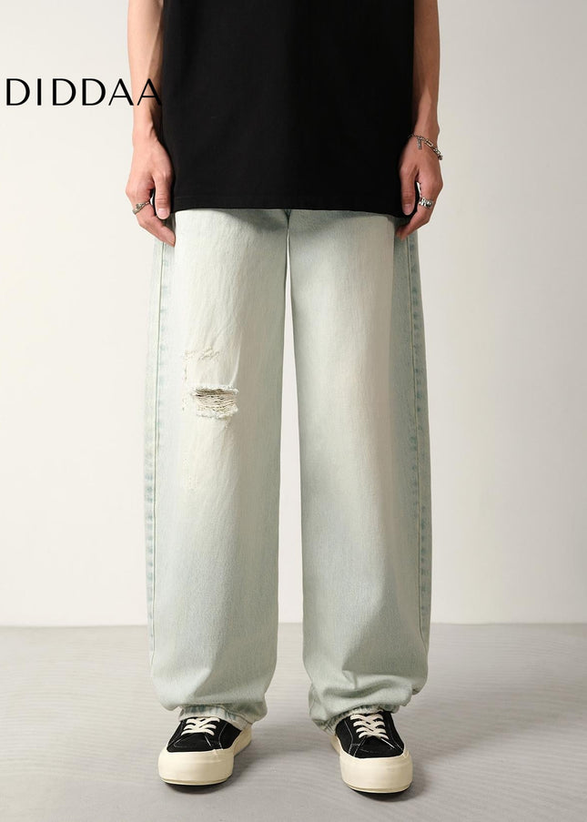 Light Blue Ripped Scimitar Jeans Men’s Loose Wide-Leg Trousers - Men’s Jeans