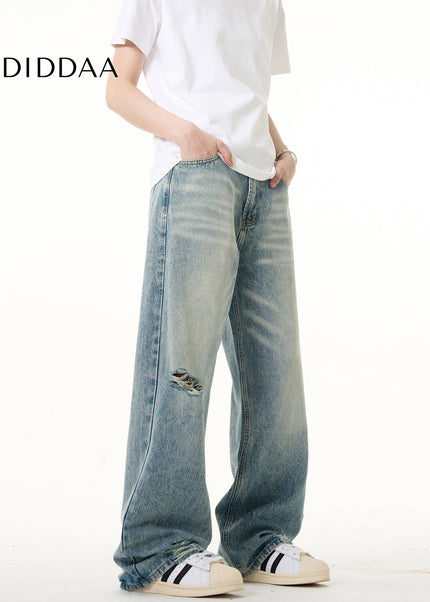 Light Blue Ripped Straight Leg Jeans for Men and Women - Men’s Jeans