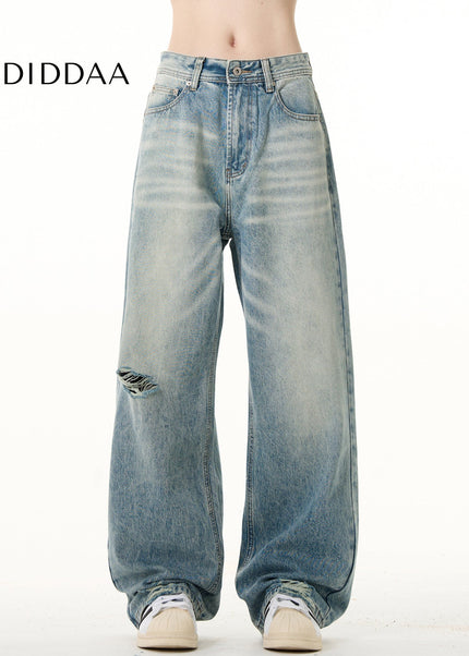 Light Blue Ripped Straight Leg Jeans for Men and Women - Men’s Jeans