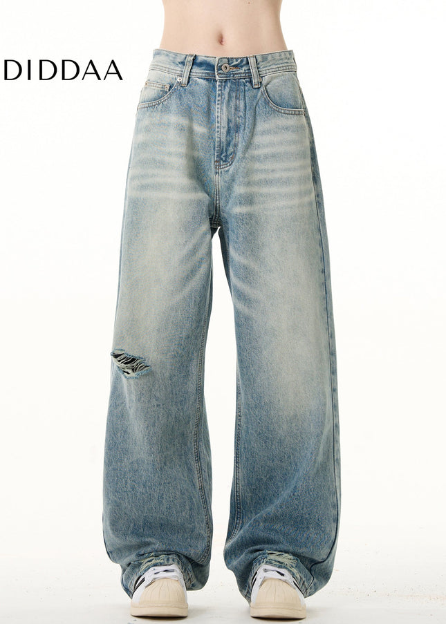 Light Blue Ripped Straight Leg Jeans for Men and Women - Men’s Jeans