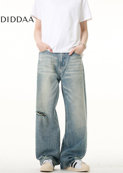 Light Blue Ripped Straight Leg Jeans for Men and Women - Men’s Jeans