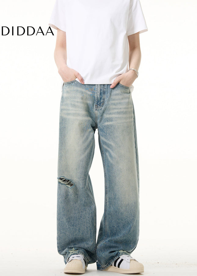 Light Blue Ripped Straight Leg Jeans for Men and Women - Men’s Jeans