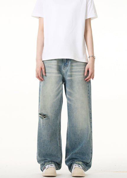 Light Blue Ripped Straight Leg Jeans for Men and Women - Men’s Jeans