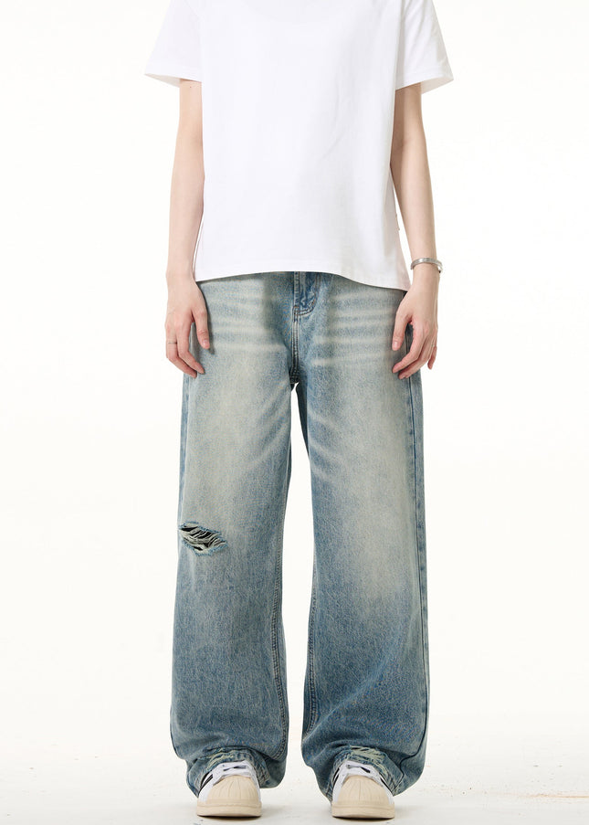 Light Blue Ripped Straight Leg Jeans for Men and Women - Men’s Jeans