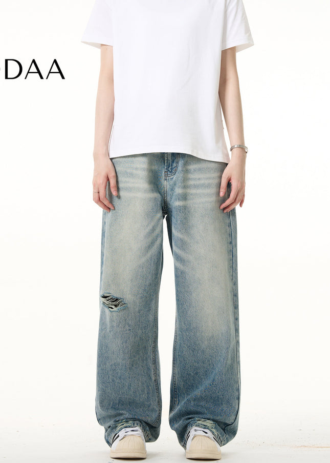 Light Blue Ripped Straight Leg Jeans for Men and Women - S / Light Blue - Men’s Jeans