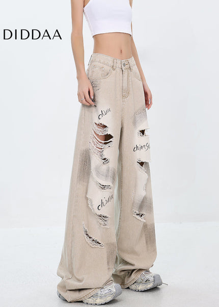 Light Blue Ripped Street Graffiti Wide Leg Jeans - Women’s Jeans