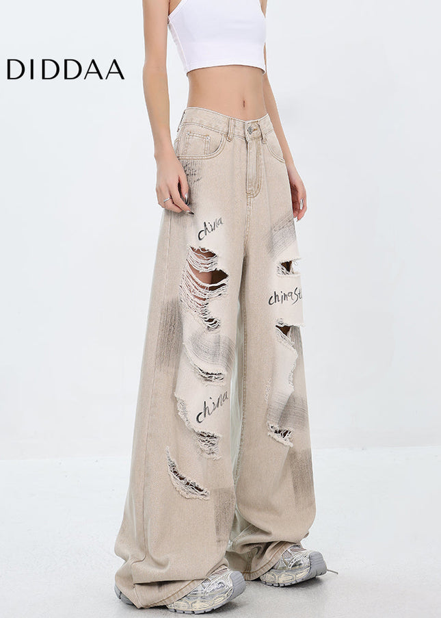 Light Blue Ripped Street Graffiti Wide Leg Jeans - Women’s Jeans
