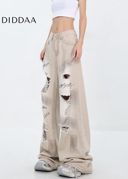 Light Blue Ripped Street Graffiti Wide Leg Jeans - Women’s Jeans