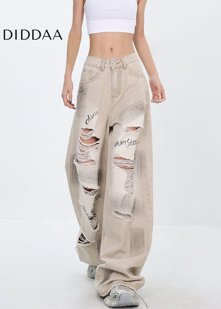 Light Blue Ripped Street Graffiti Wide Leg Jeans - Women’s Jeans