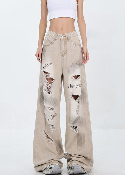 Light Blue Ripped Street Graffiti Wide Leg Jeans - Women’s Jeans
