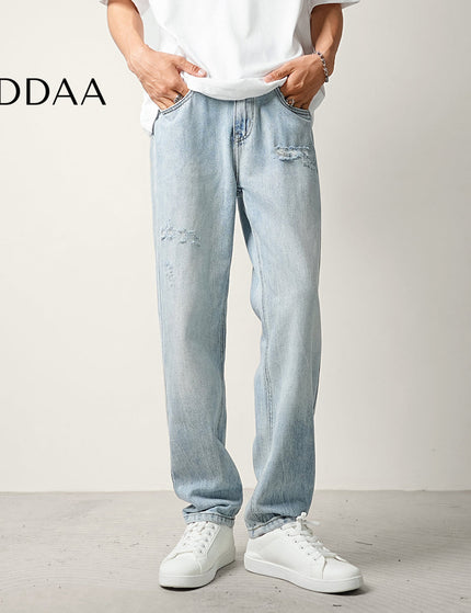 Light Blue Ripped Wash Summer Jeans Men’s Tapered Trousers - 28 / Light Blue - Men’s Jeans