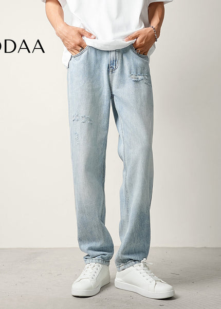 Light Blue Ripped Wash Summer Jeans Men’s Tapered Trousers - 28 / Light Blue - Men’s Jeans